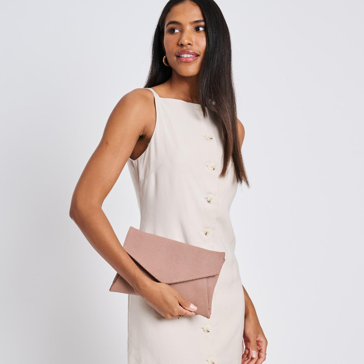 Woman wearing Mauve Moda Luxe Cara Clutch 842017118206 View 2 | Mauve