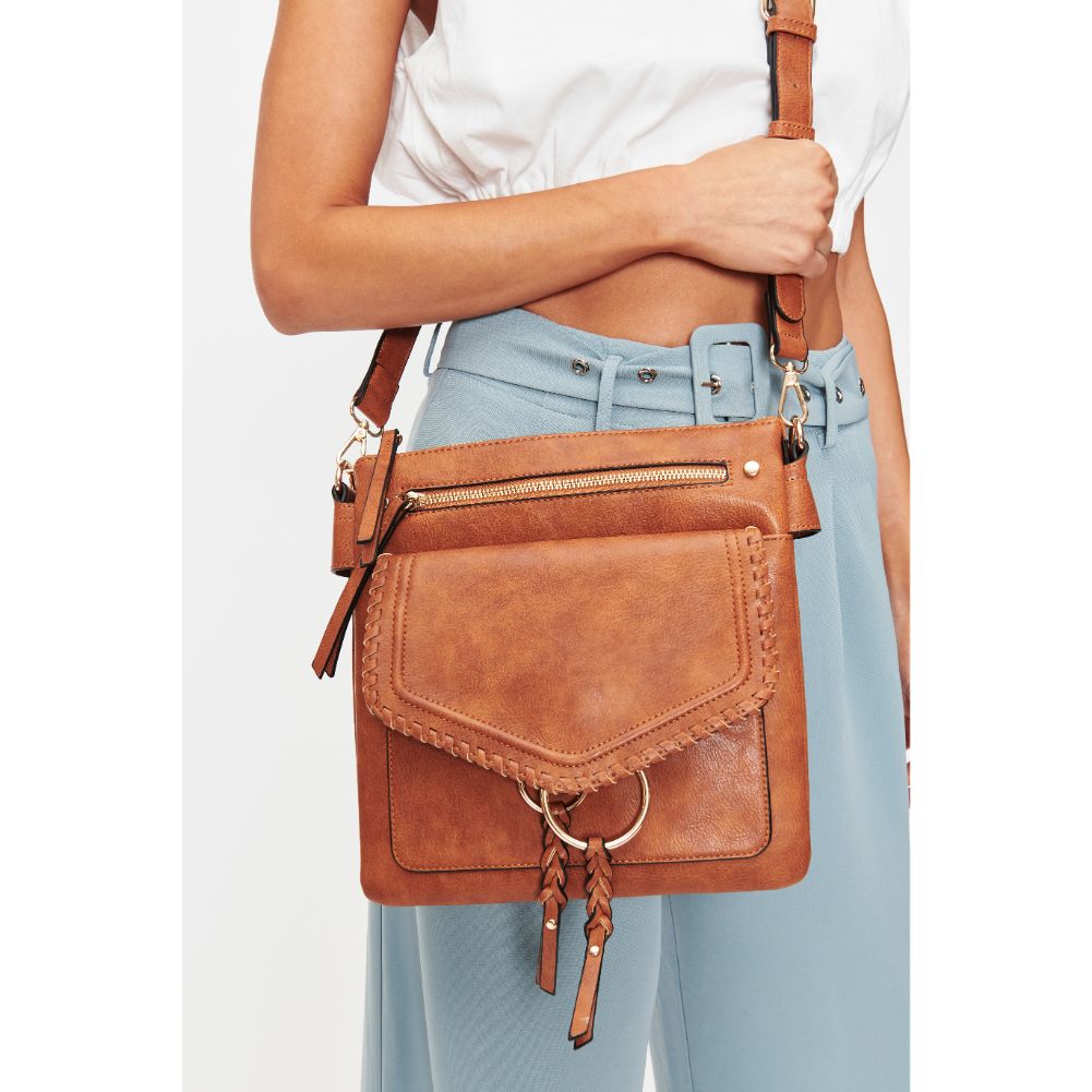 Woman wearing Tan Moda Luxe Leslie Messenger 842017128182 View 2 | Tan