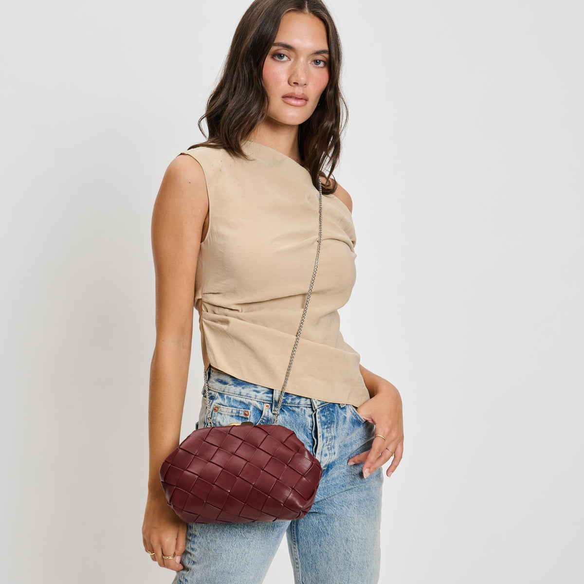 Woman wearing Burgundy Moda Luxe Pauline Crossbody 842017135913 View 1 | Burgundy