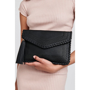 Woman wearing Black Moda Luxe Daisy Clutch 842017118602 View 1 | Black