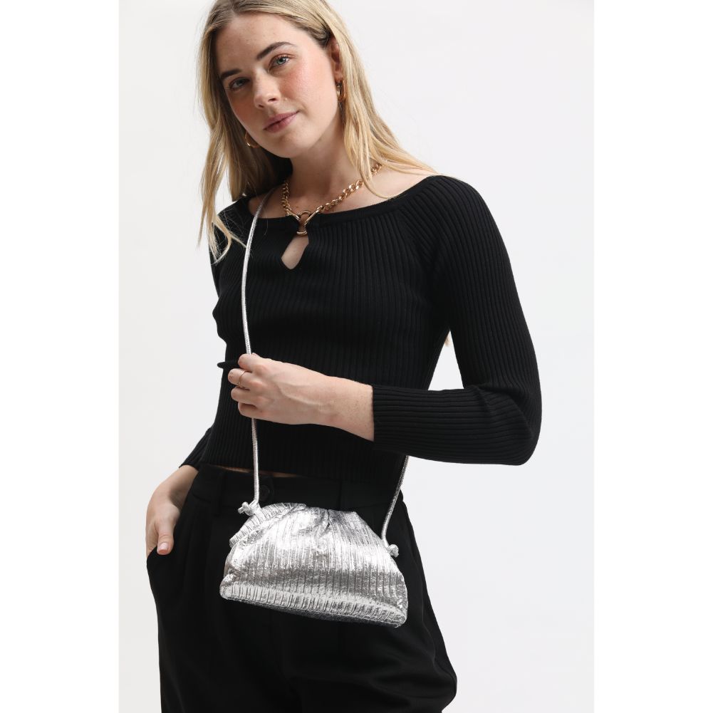 Woman wearing Silver Moda Luxe Laila Crossbody 842017134145 View 2 | Silver