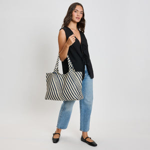 Woman wearing Navy Ivory Moda Luxe Solana - Mixed Material Tote 842017135791 View 3 | Navy Ivory