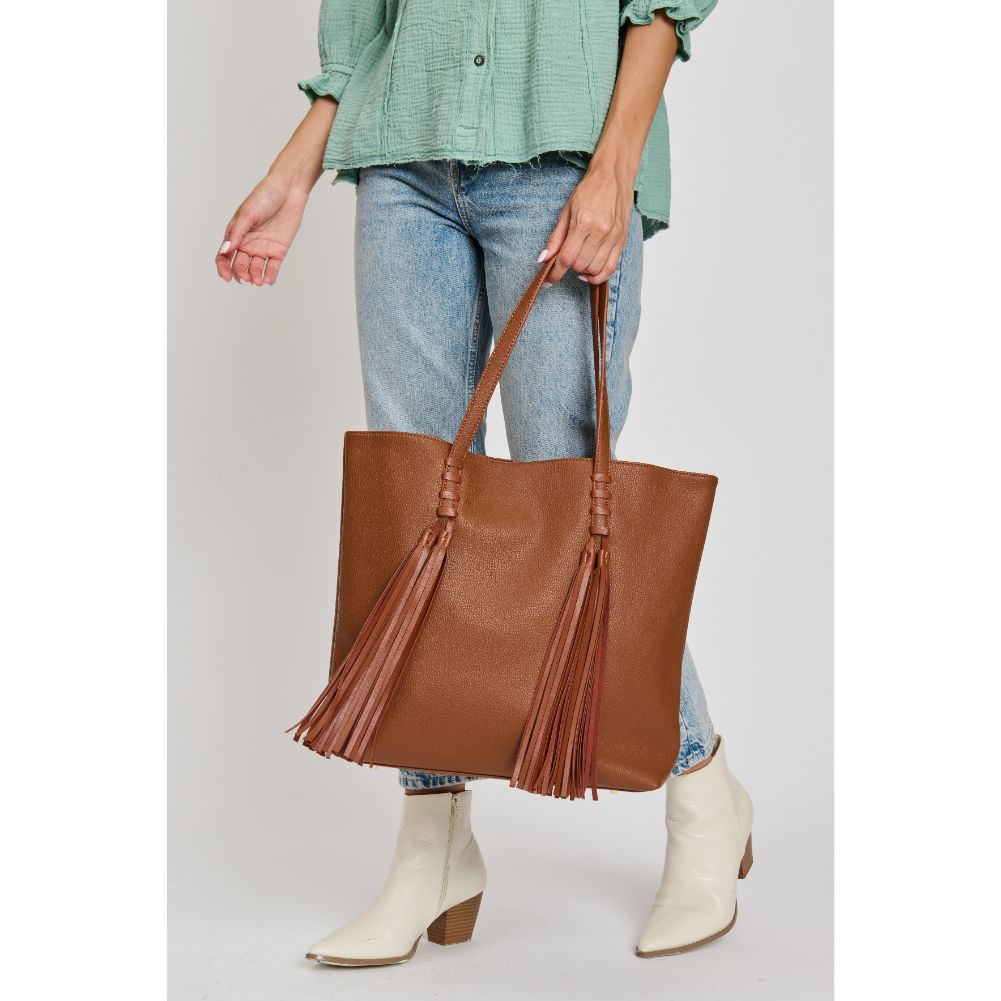 Woman wearing Tan Moda Luxe Shakira Tote 842017133643 View 2 | Tan