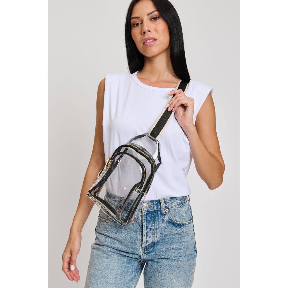 Woman wearing Clear Black Moda Luxe Britney Sling Backpack 842017133513 View 2 | Clear Black