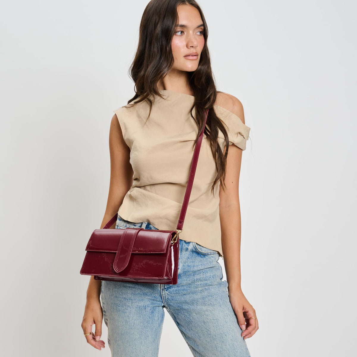 Woman wearing Burgundy Moda Luxe Violet - Patent Crossbody 842017136620 View 3 | Burgundy