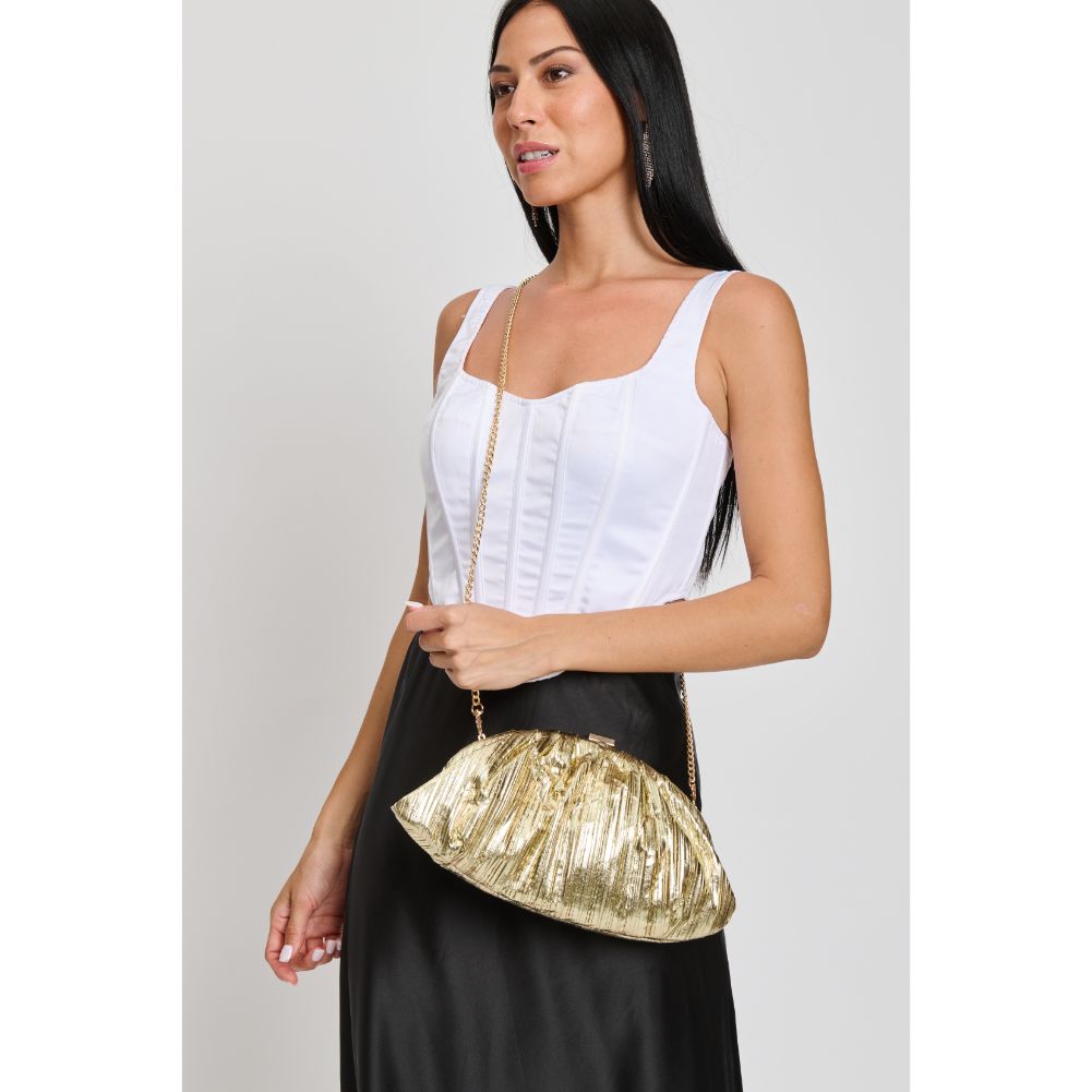 Woman wearing Gold Moda Luxe Jewel Clutch 842017132868 View 3 | Gold