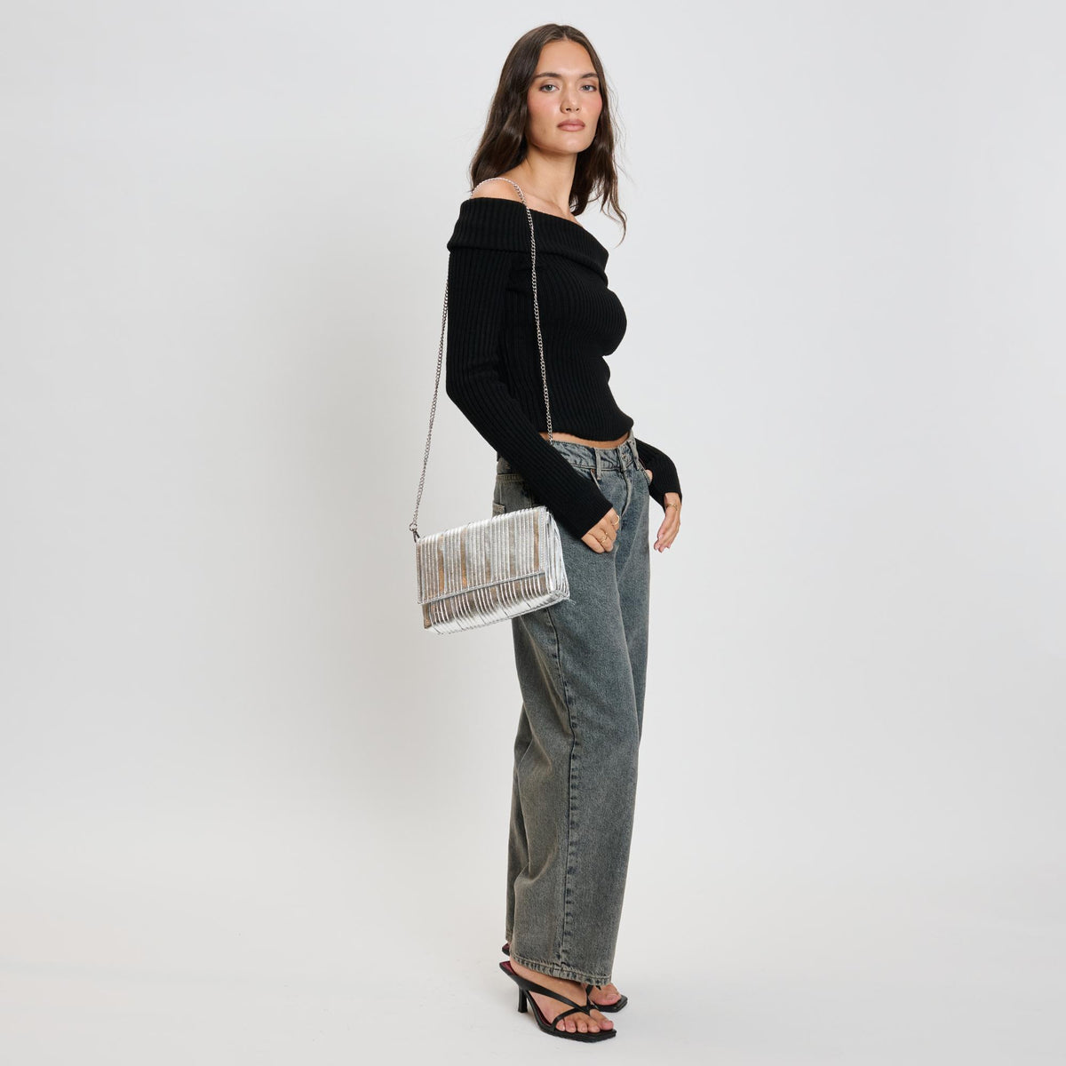 Woman wearing Silver Moda Luxe Esmeralda Clutch 842017136798 View 2 | Silver