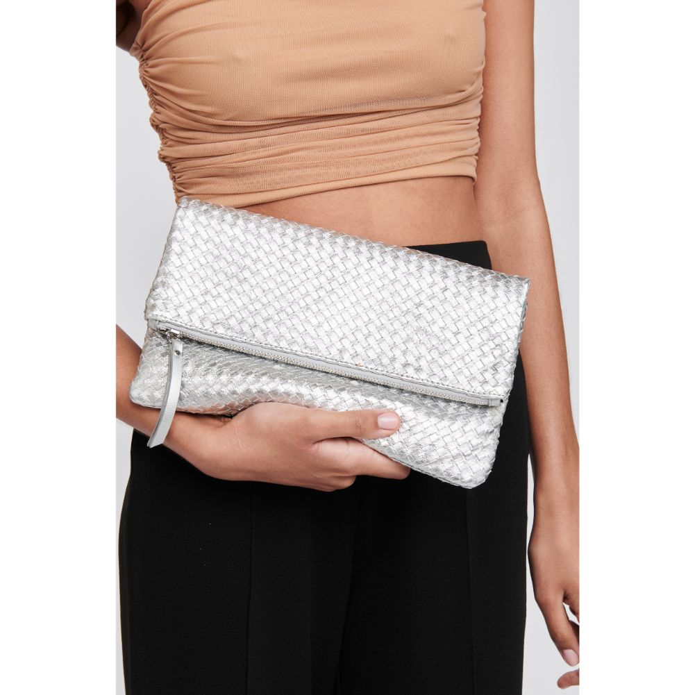 Woman wearing Silver Moda Luxe Alicia Woven Clutch 842017118046 View 1 | Silver