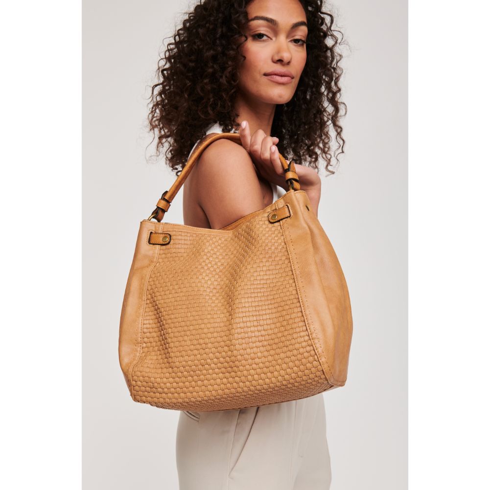 Woman wearing Tan Moda Luxe Raven Hobo 842017120711 View 4 | Tan