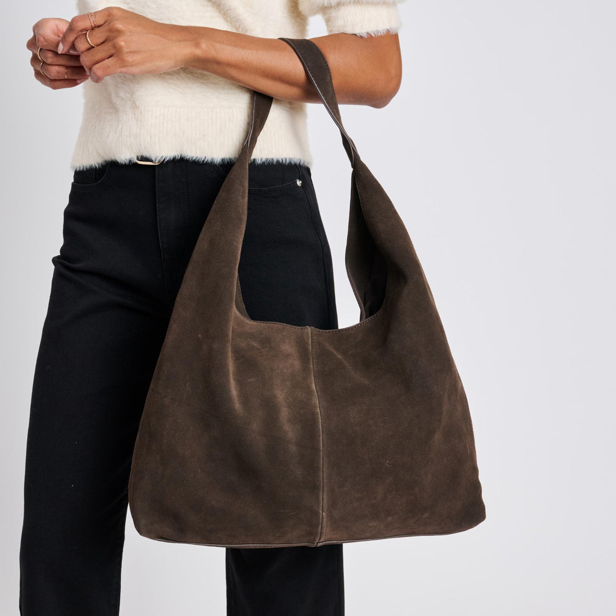 Woman wearing Chocolate Moda Luxe Amber Hobo 842017137054 View 1 | Chocolate