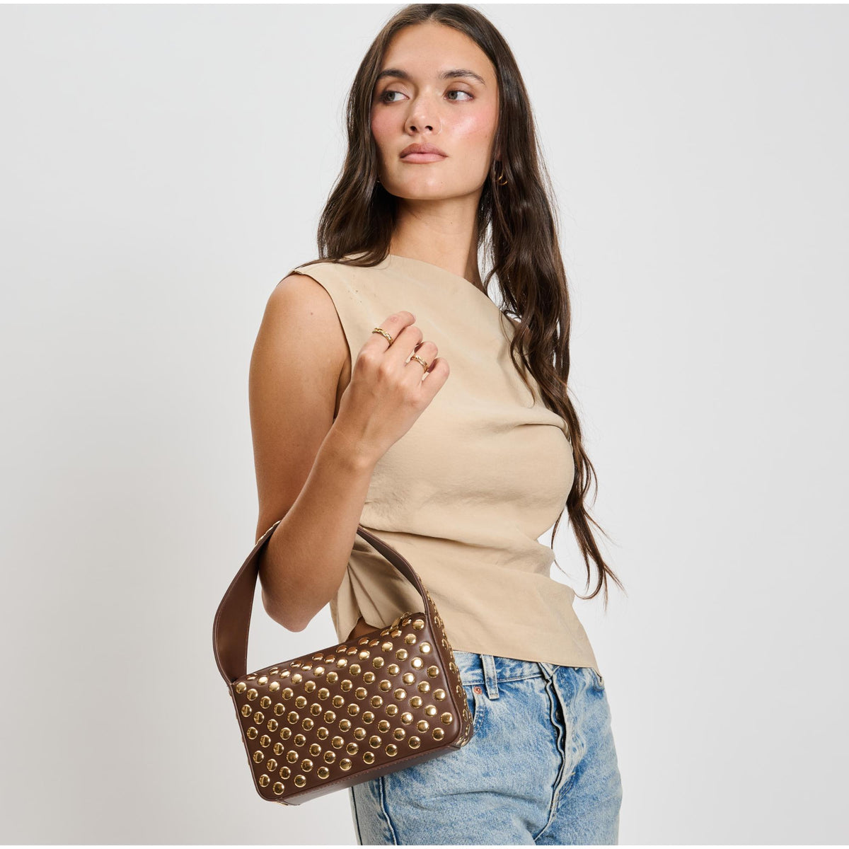 Woman wearing Chocolate Moda Luxe Isabel Crossbody 842017137092 View 1 | Chocolate