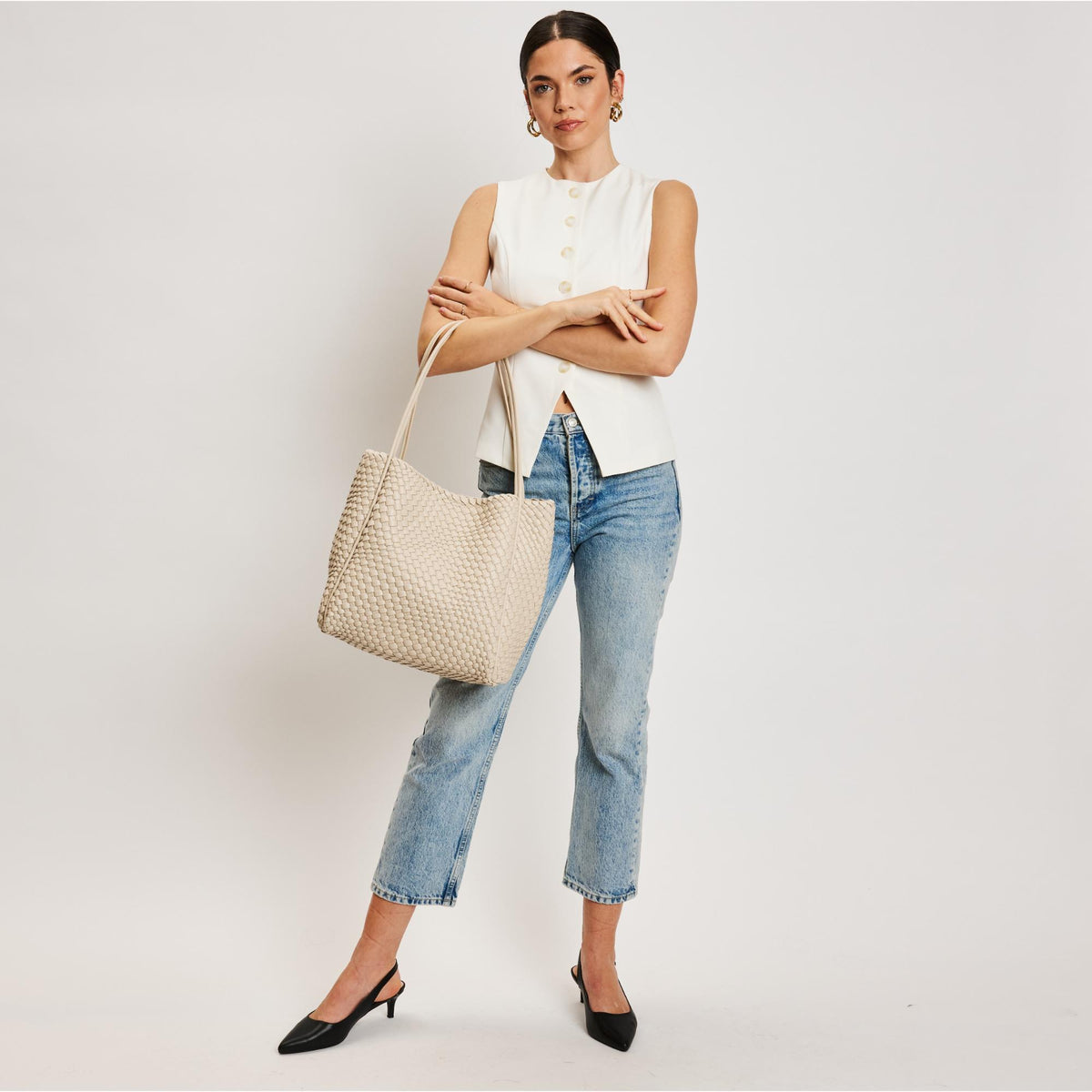 Woman wearing Ivory Moda Luxe Gladys Tote 842017137252 View 3 | Ivory