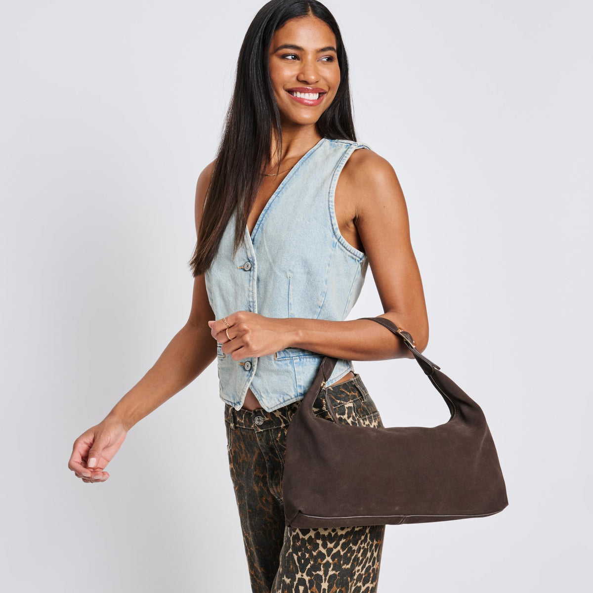 Woman wearing Chocolate Moda Luxe Maple Hobo 842017137023 View 3 | Chocolate