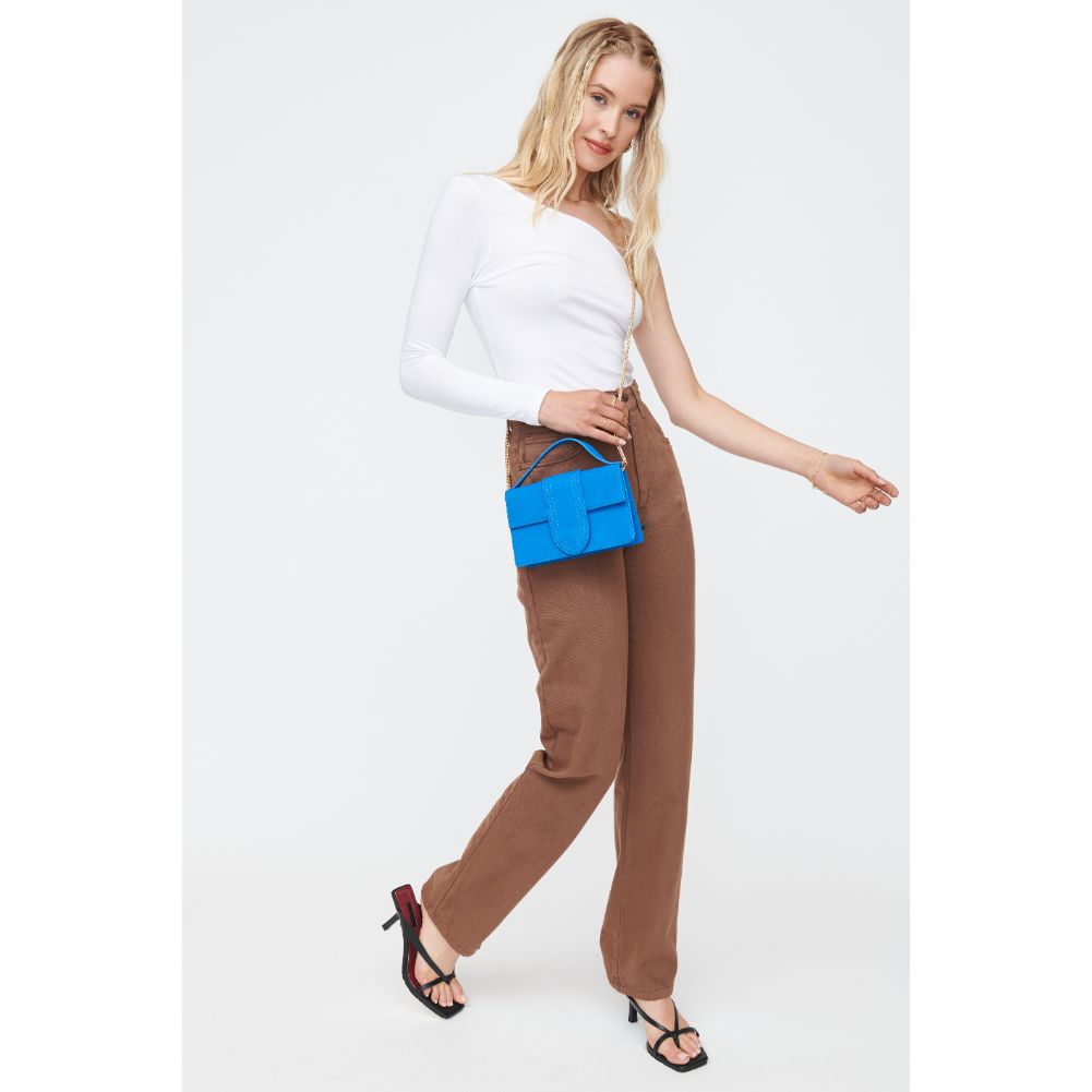 Woman wearing Electric Blue Moda Luxe Elizabeth - Suede Crossbody 842017130543 View 3 | Electric Blue