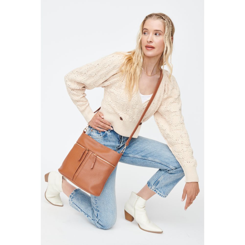 Woman wearing Cognac Moda Luxe Nova Crossbody 842017130369 View 3 | Cognac