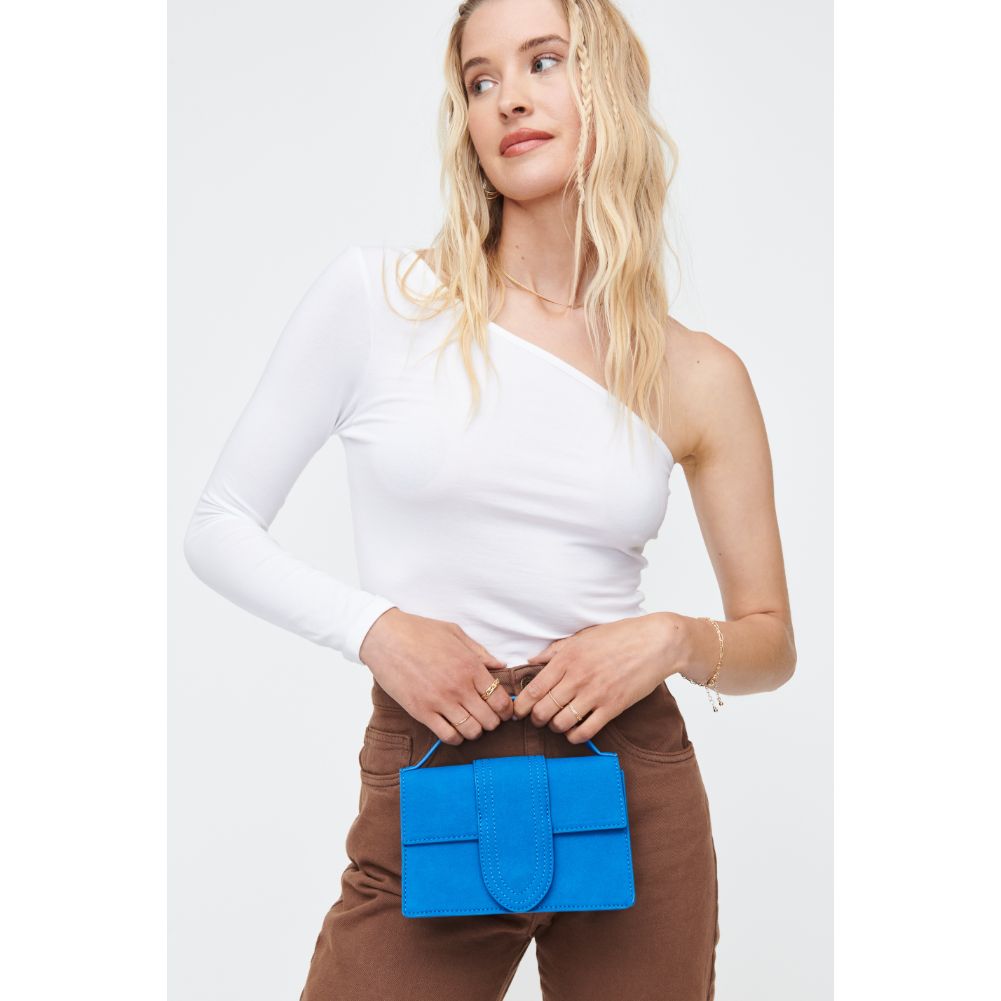 Woman wearing Electric Blue Moda Luxe Elizabeth - Suede Crossbody 842017130543 View 1 | Electric Blue