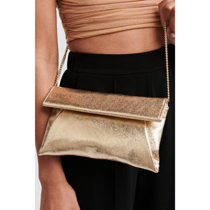 Woman wearing Gold Moda Luxe Audrey Clutch 842017118121 View 1 | Gold