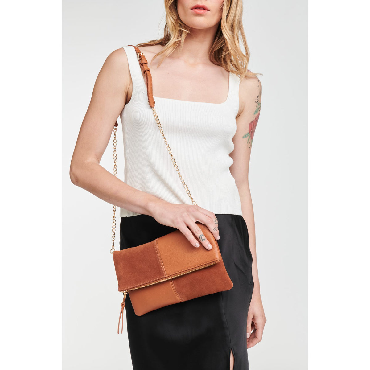 Woman wearing Tan Moda Luxe Amalia Crossbody 842017127215 View 1 | Tan