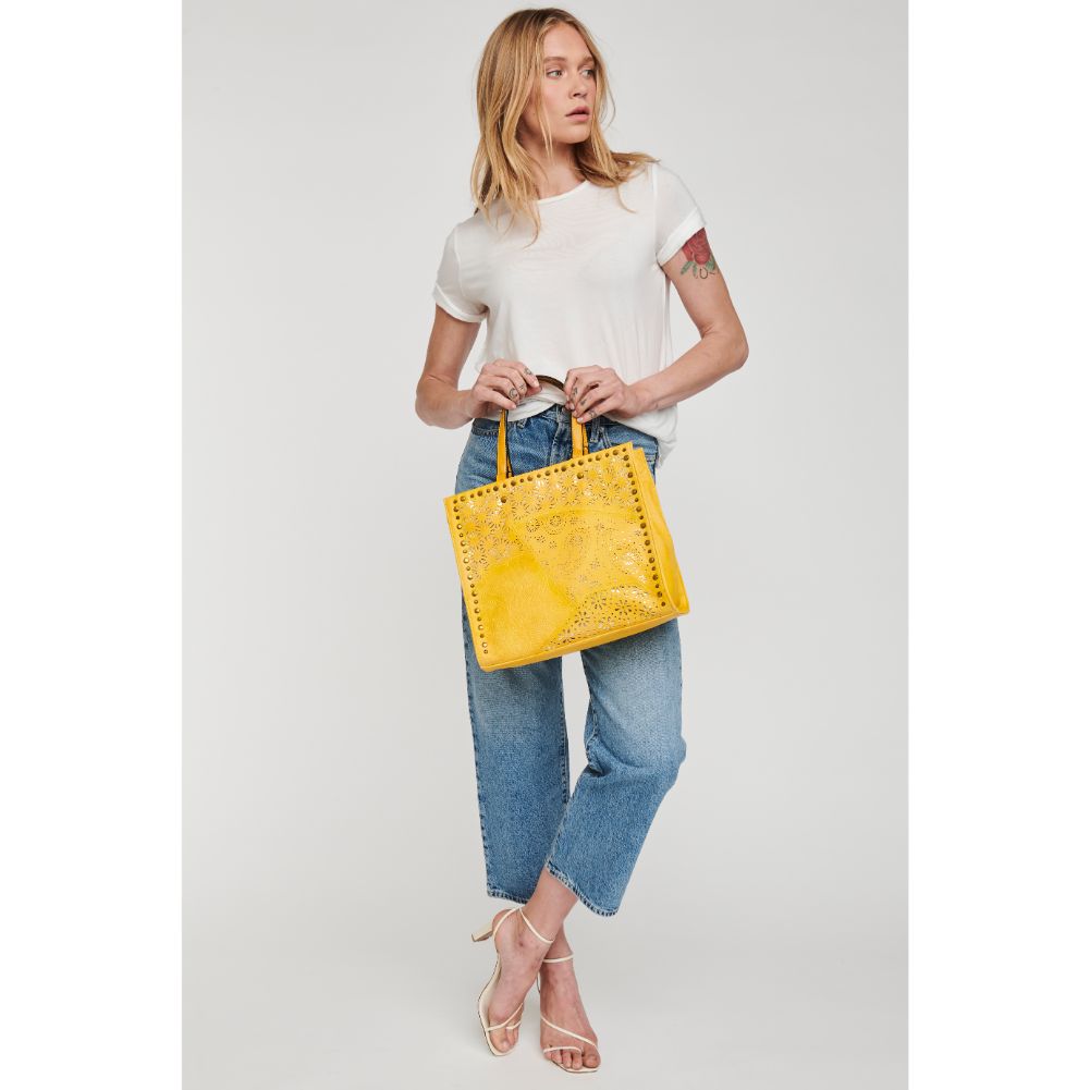 Woman wearing Yellow Moda Luxe Valerie Tote 842017113744 View 3 | Yellow