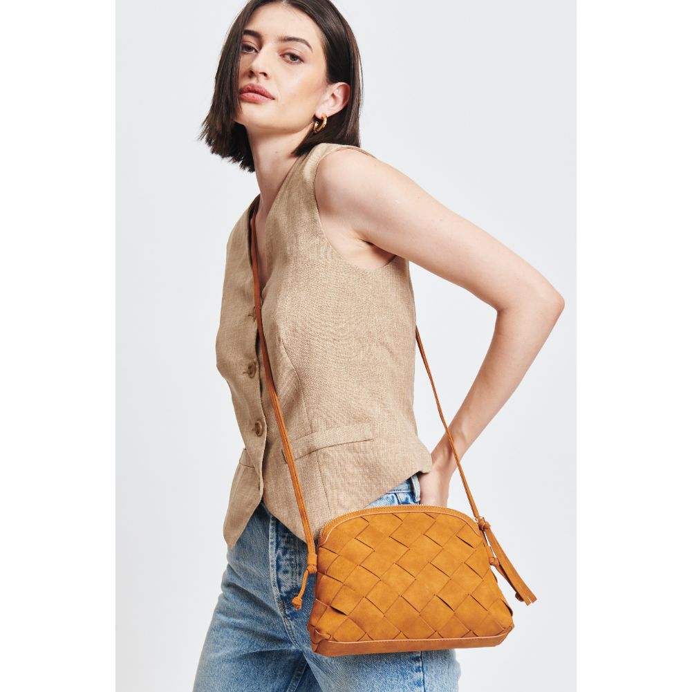 Woman wearing Tan Moda Luxe Calista Crossbody 842017131427 View 1 | Tan