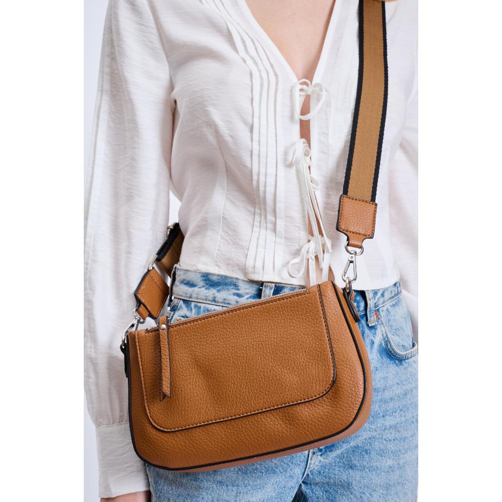 Woman wearing Tan Moda Luxe Modaire Crossbody 842017134893 View 3 | Tan