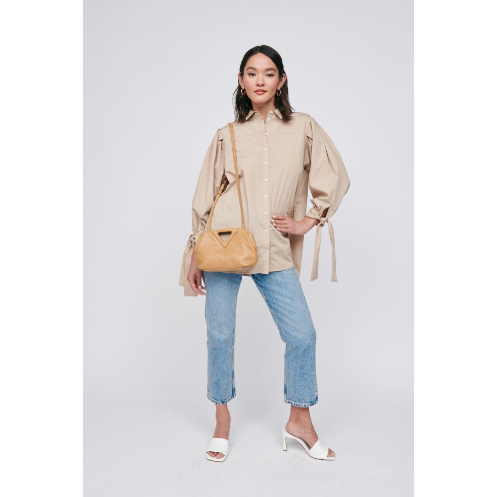 Woman wearing Camel Moda Luxe Kylie Crossbody 842017128939 View 3 | Camel