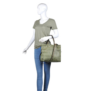 Woman wearing Green Moda Luxe Valerie Tote 842017113768 View 1 | Green