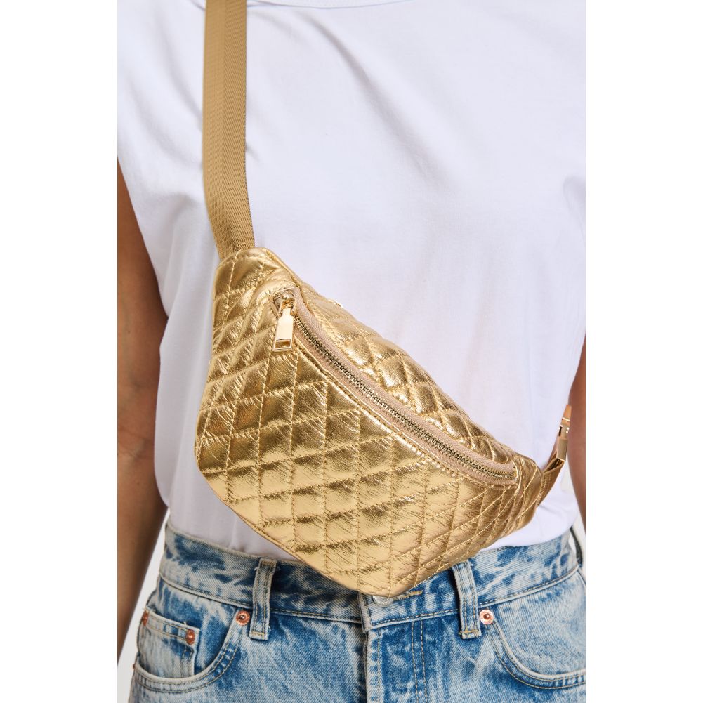 Woman wearing Gold Moda Luxe Ariana Belt Bag 842017133810 View 4 | Gold