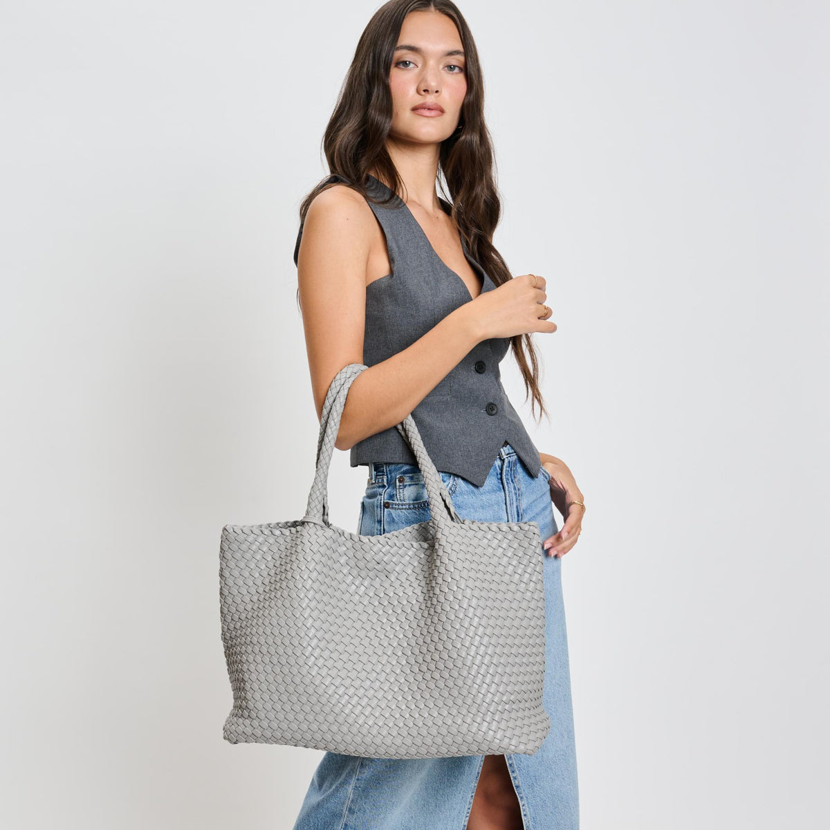 Woman wearing Grey Moda Luxe Solana Tote 842017135753 View 2 | Grey