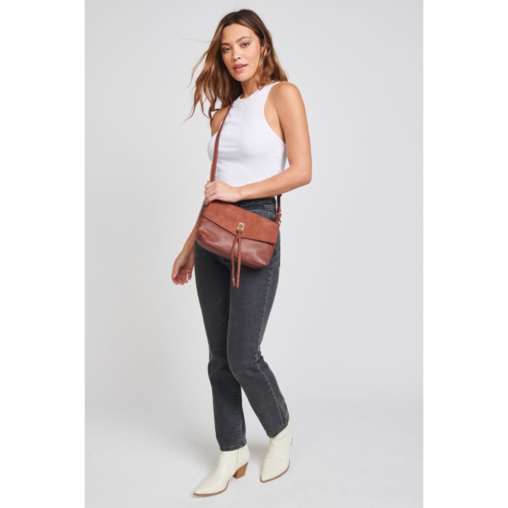 Woman wearing Chocolate Moda Luxe Aubrey Crossbody 842017128526 View 3 | Chocolate