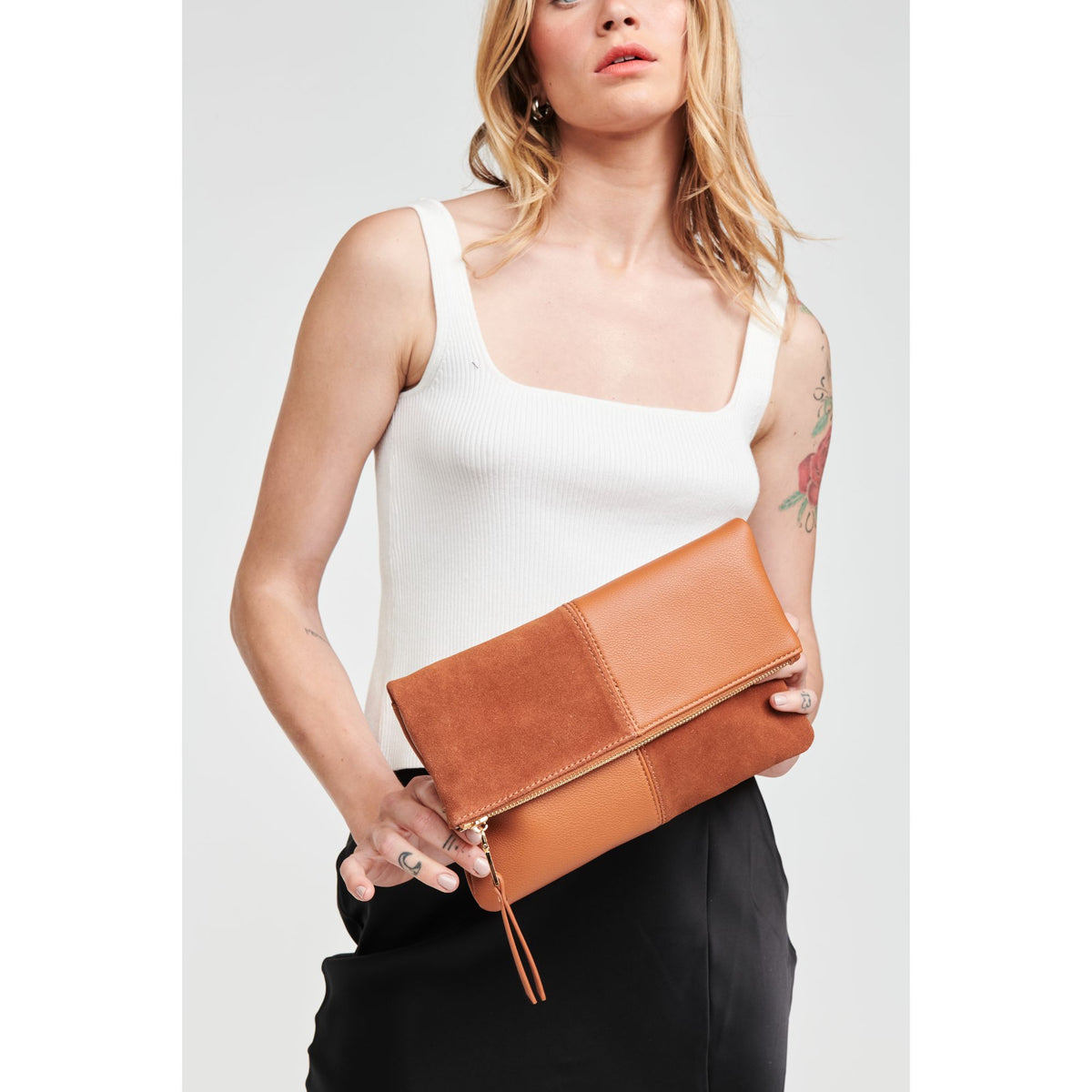 Woman wearing Tan Moda Luxe Amalia Crossbody 842017127215 View 3 | Tan