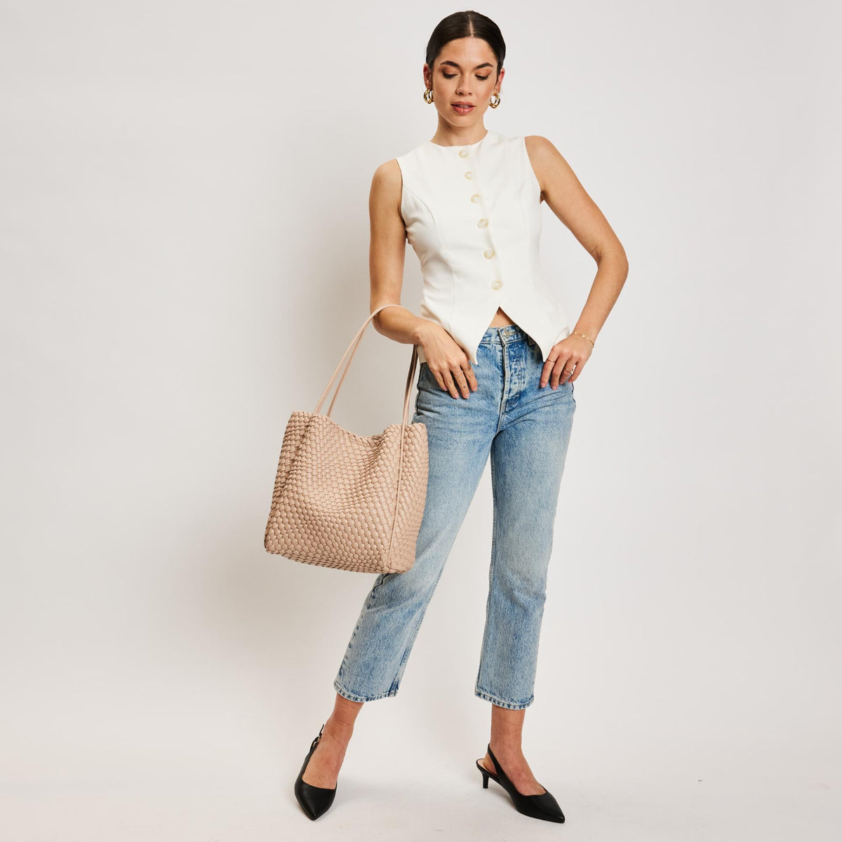 Woman wearing Nude Moda Luxe Gladys Tote 842017137269 View 4 | Nude