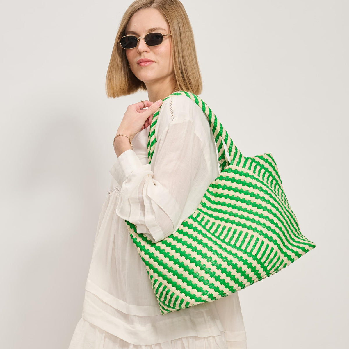 Woman wearing Green Ivory Moda Luxe Solana - Mixed Material Tote 842017138594 View 2 | Green Ivory