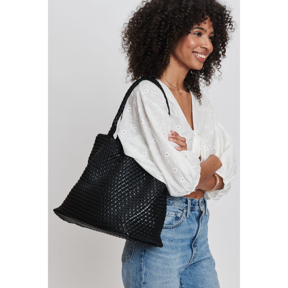 Woman wearing Black Moda Luxe Solana Tote 842017132141 View 2 | Black