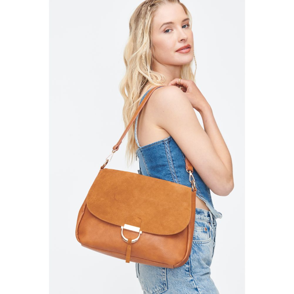 Woman wearing Cognac Moda Luxe Zoe Crossbody 842017130772 View 3 | Cognac