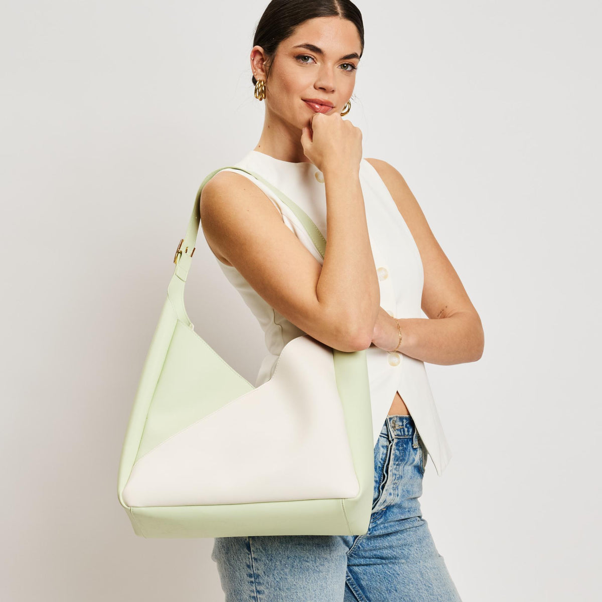 Woman wearing Ivory Pistachio Moda Luxe Frankie Hobo 842017138525 View 1 | Ivory Pistachio