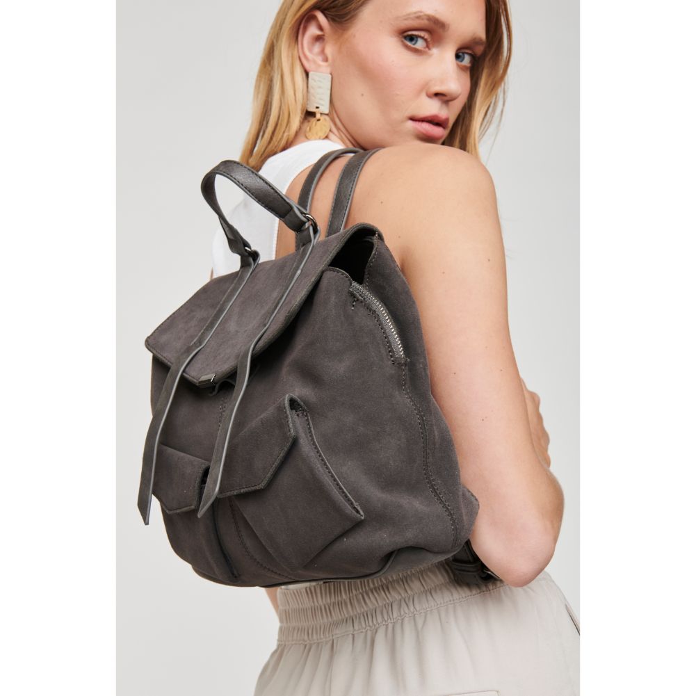 Woman wearing Gunmetal Moda Luxe Charlie Backpack 842017127062 View 4 | Gunmetal