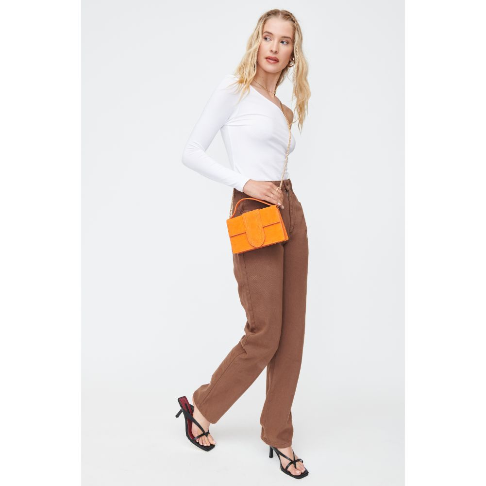 Woman wearing Orange Moda Luxe Elizabeth - Suede Crossbody 842017130550 View 3 | Orange