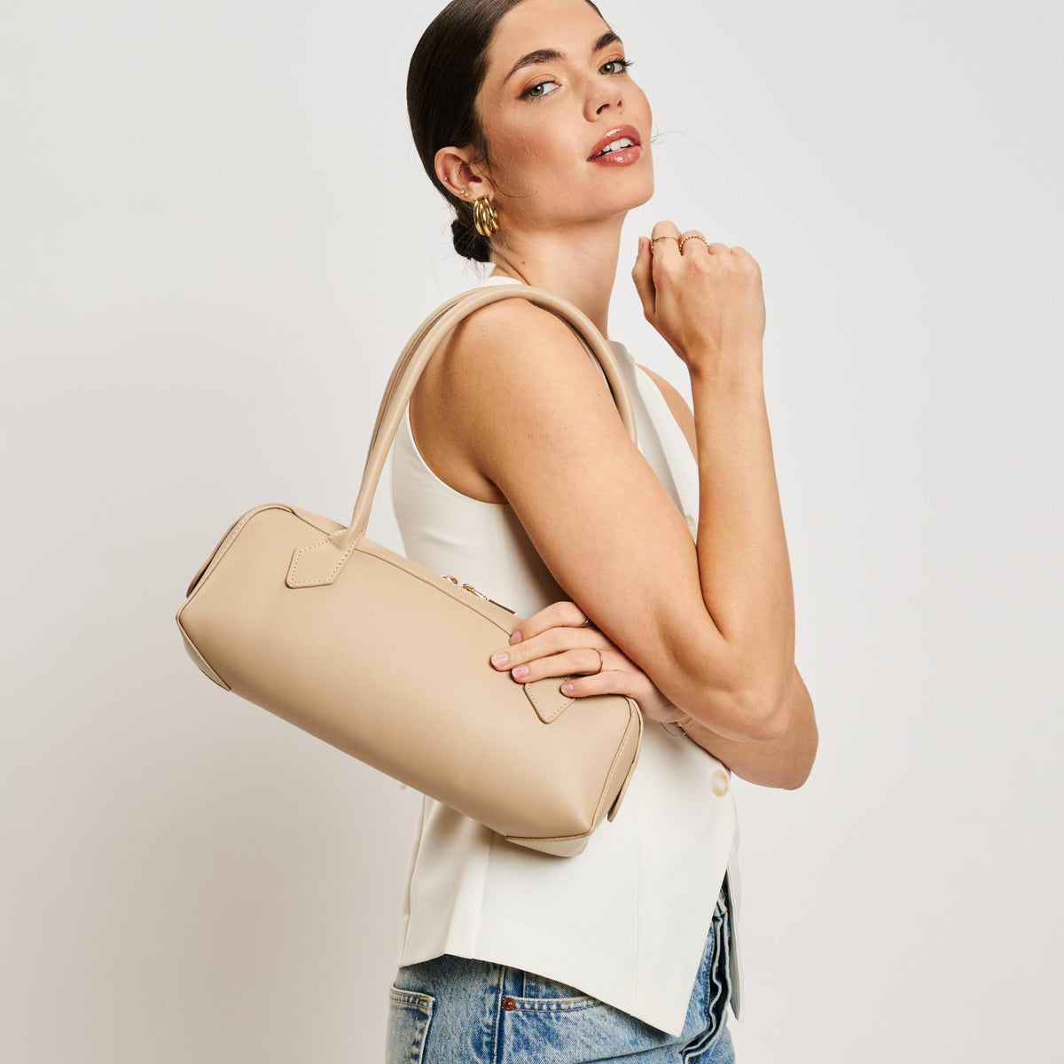 Woman wearing Natural Moda Luxe Betty Shoulder Bag 842017138501 View 1 | Natural