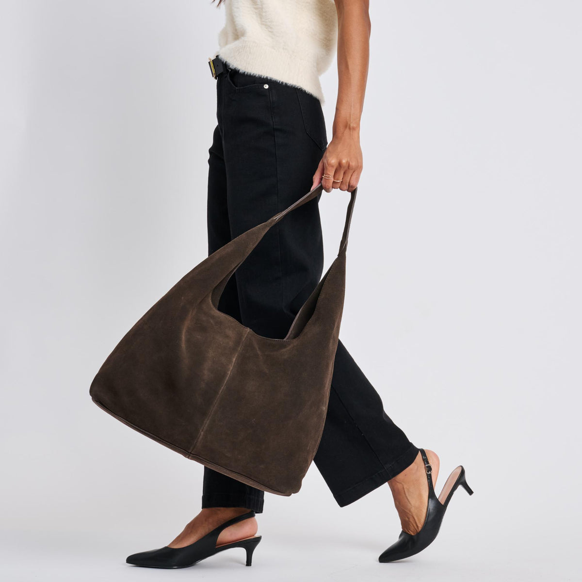 Woman wearing Chocolate Moda Luxe Amber Hobo 842017137054 View 2 | Chocolate