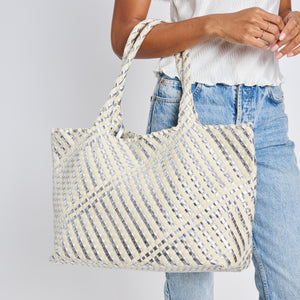 Woman wearing Silver Ivory Moda Luxe Solana - Mixed Material Tote 842017136866 View 1 | Silver Ivory