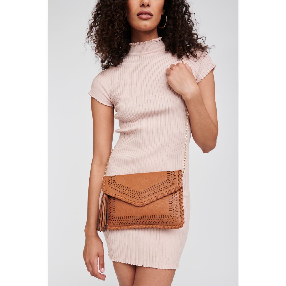 Woman wearing Tan Moda Luxe Daisy Clutch 842017118626 View 1 | Tan