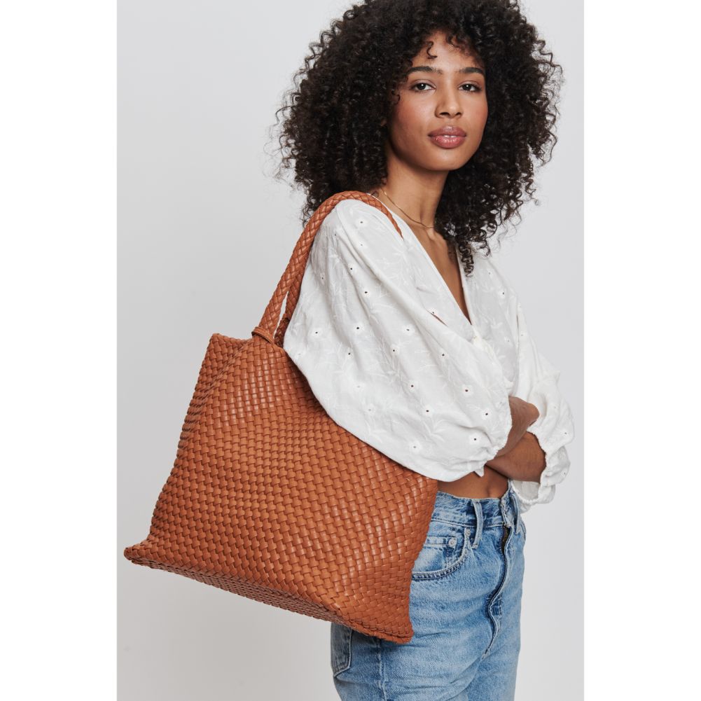 Woman wearing Tan Moda Luxe Solana Tote 842017132172 View 1 | Tan