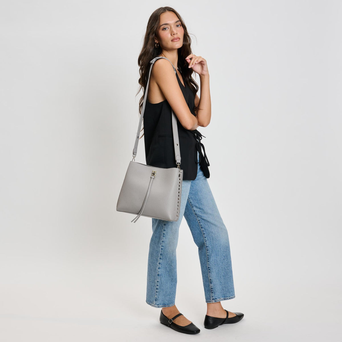 Woman wearing Grey Moda Luxe Eliza Crossbody 842017136057 View 2 | Grey