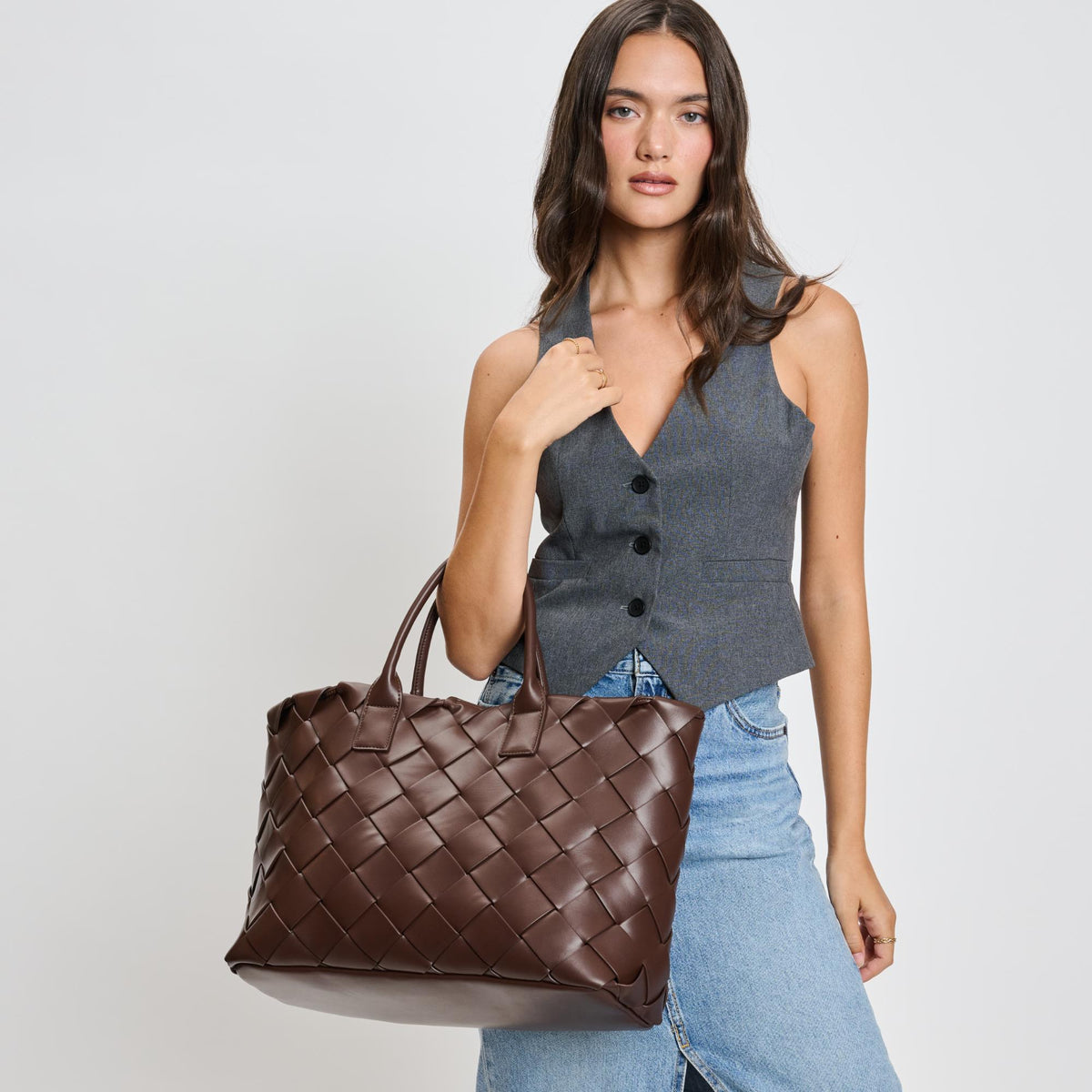 Woman wearing Espresso Moda Luxe Adeline Tote 842017135814 View 2 | Espresso