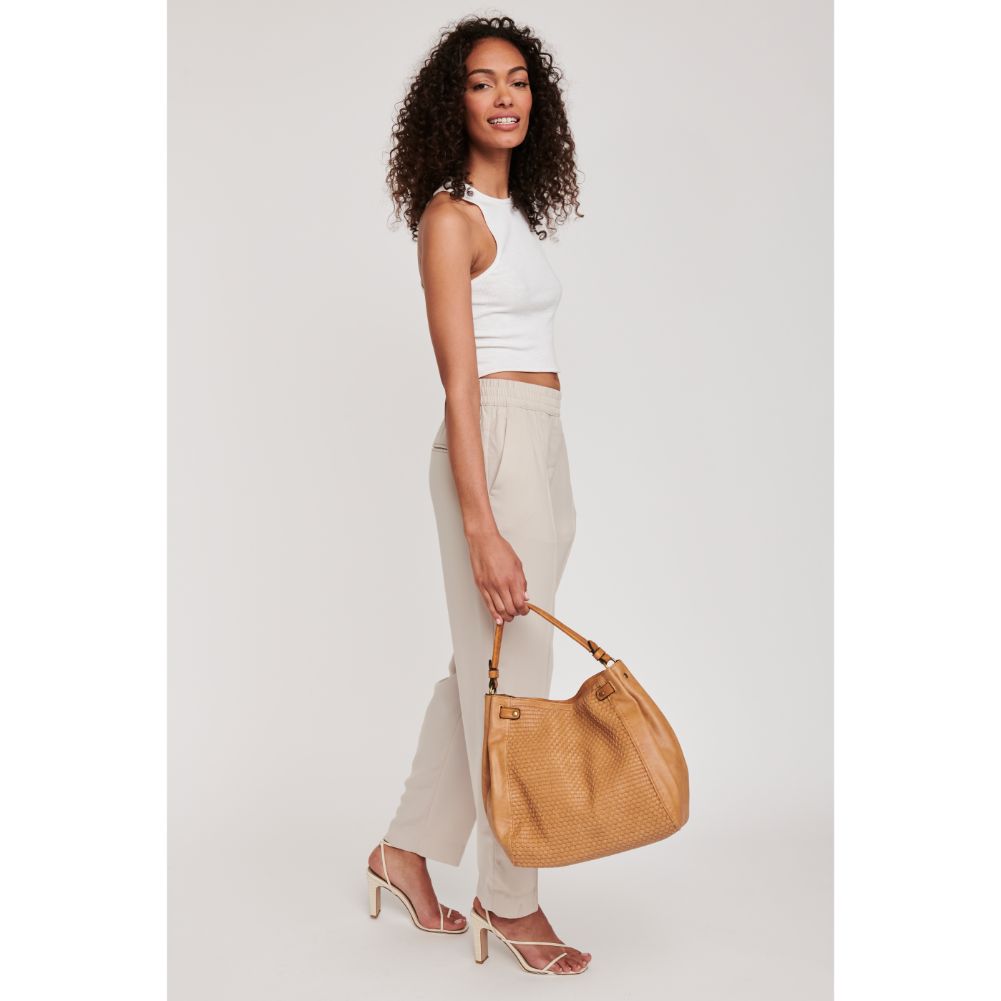 Woman wearing Tan Moda Luxe Raven Hobo 842017120711 View 3 | Tan