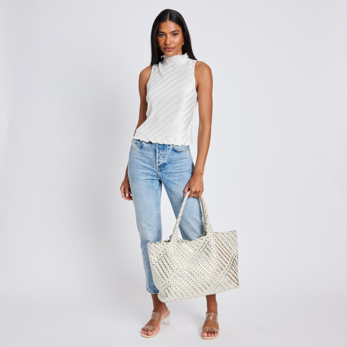 Woman wearing Silver Ivory Moda Luxe Solana - Mixed Material Tote 842017136866 View 3 | Silver Ivory