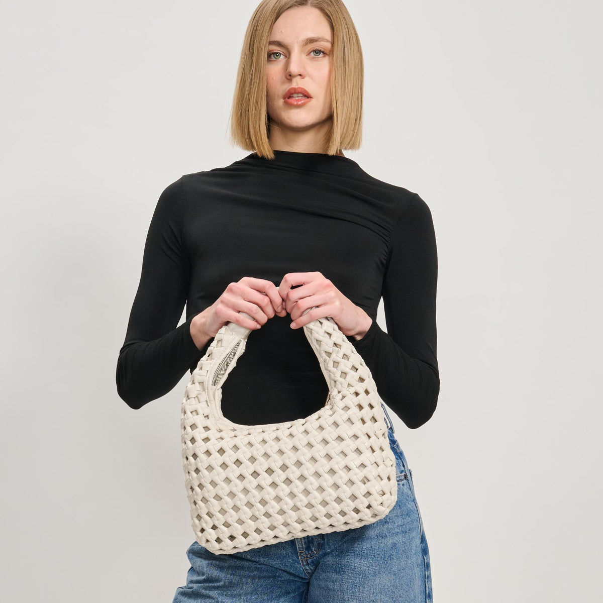 Woman wearing Oatmilk Moda Luxe Richelle Hobo 842017137528 View 3 | Oatmilk