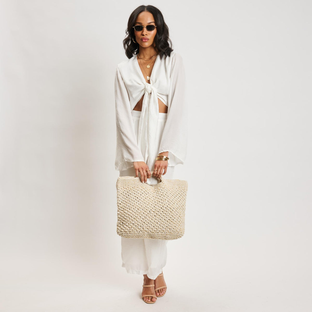 Woman wearing Natural Moda Luxe Marisol Tote 842017137771 View 3 | Natural