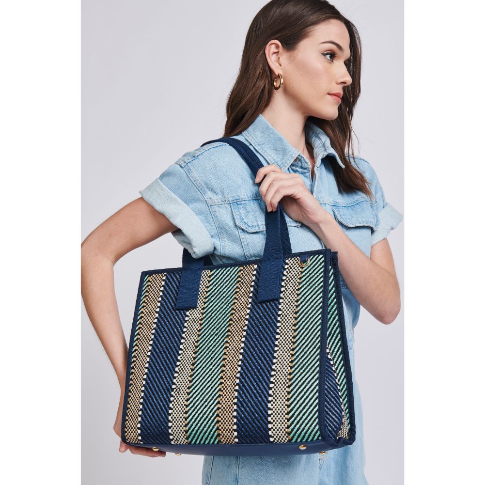 Woman wearing Navy Moda Luxe Elsa Tote 842017129691 View 1 | Navy